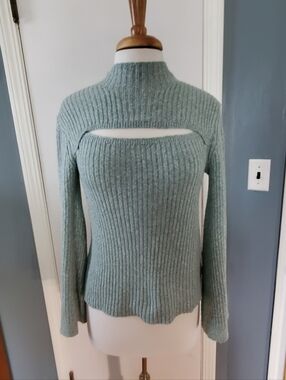 Ribbed Cutout Mock Neck Sweater - Sage Green & white  mix